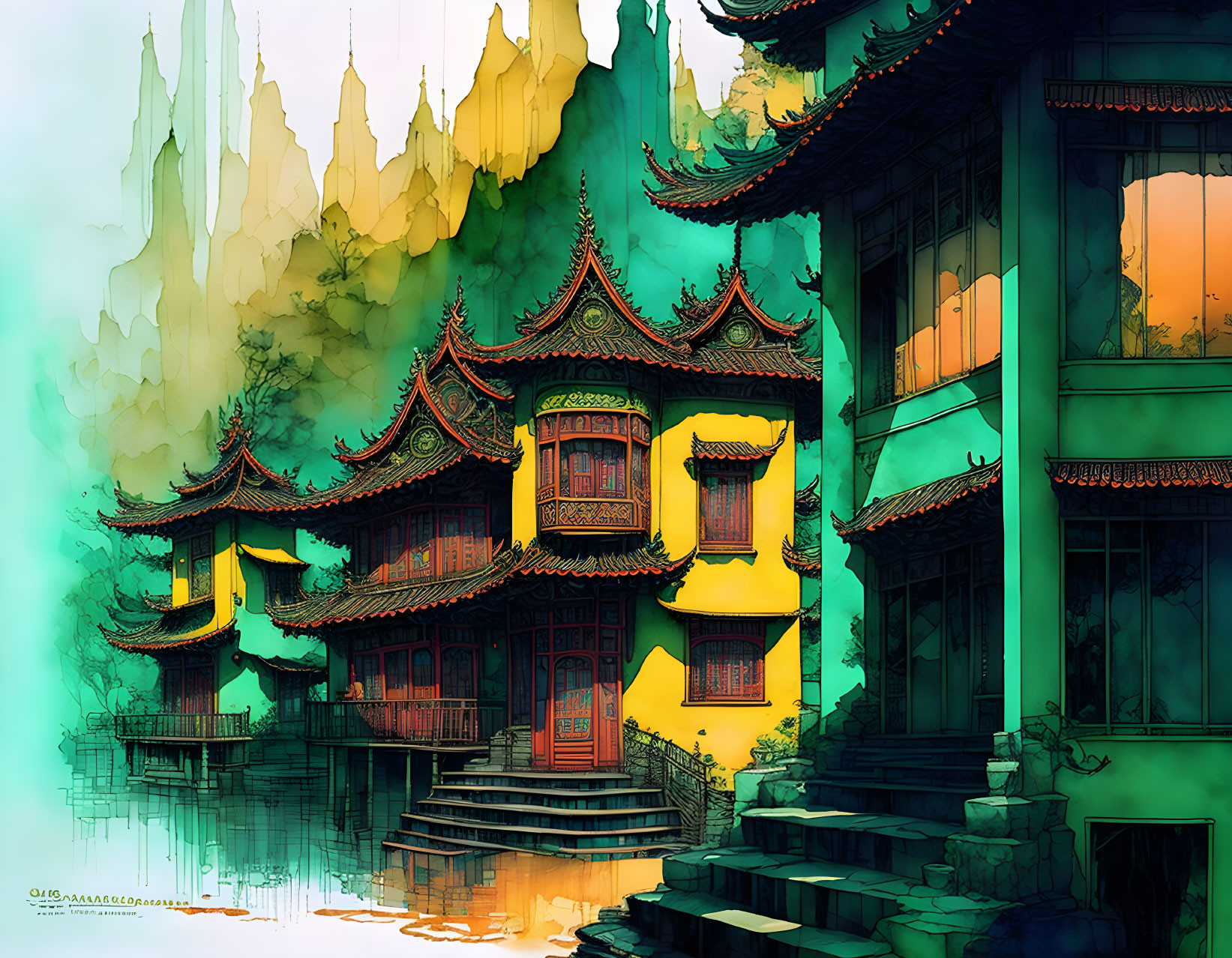 Asian-style Palace Digital Artwork Against Misty Mountain Backdrop