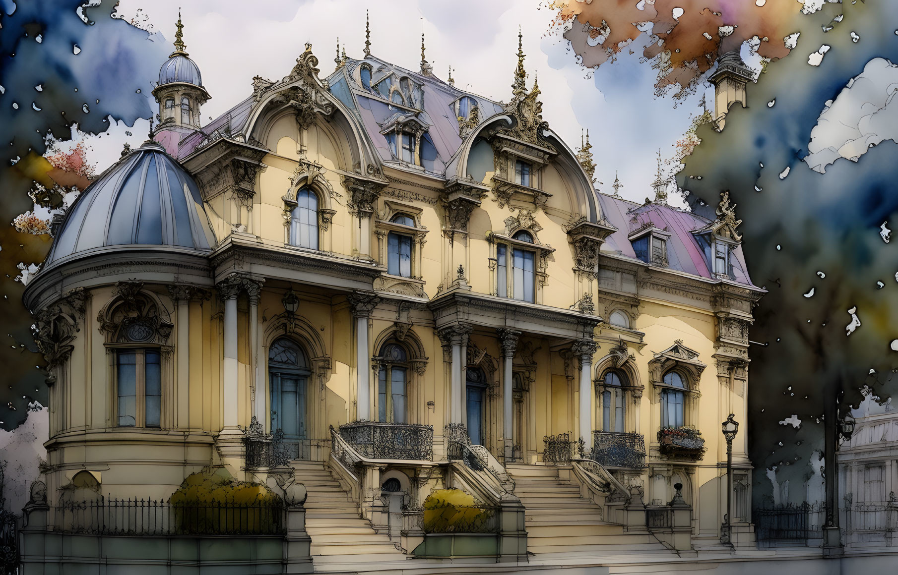 Ornate mansion illustration with intricate rooftops against cloudy sky