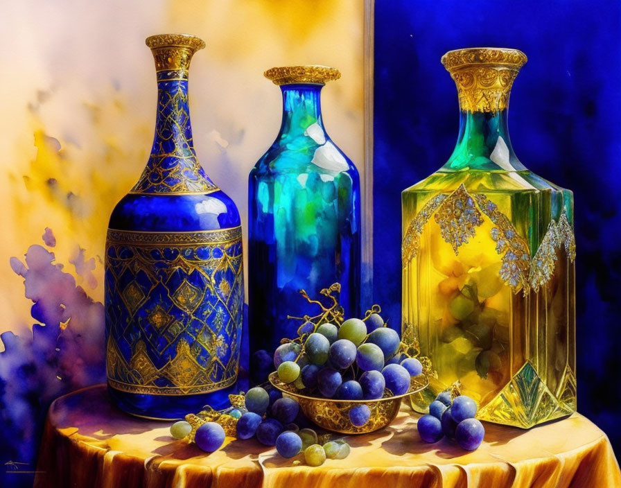 Colorful Glass Vases with Grape Bunch on Draped Table