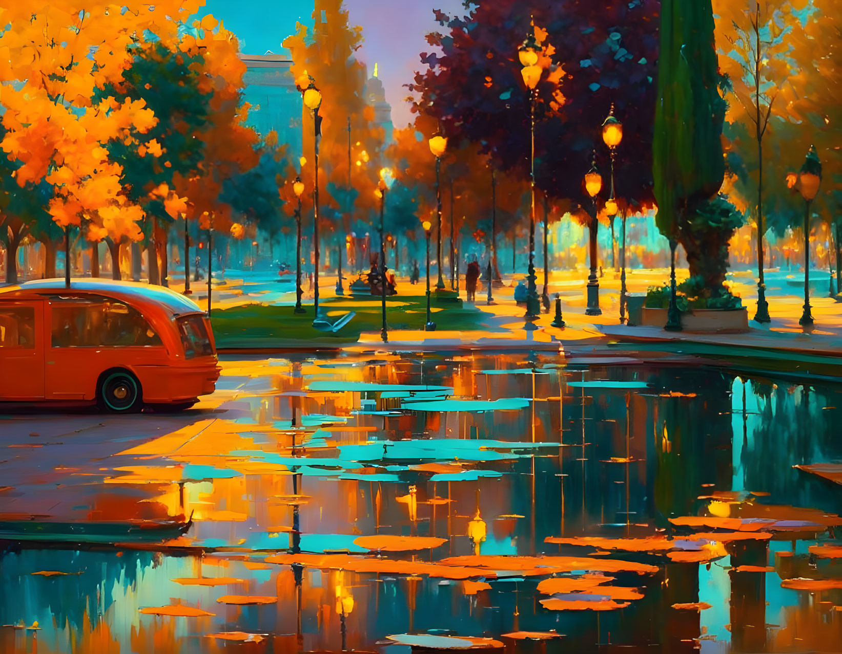 Vibrant autumn park painting with red bus, golden trees, street lamps, and water reflections