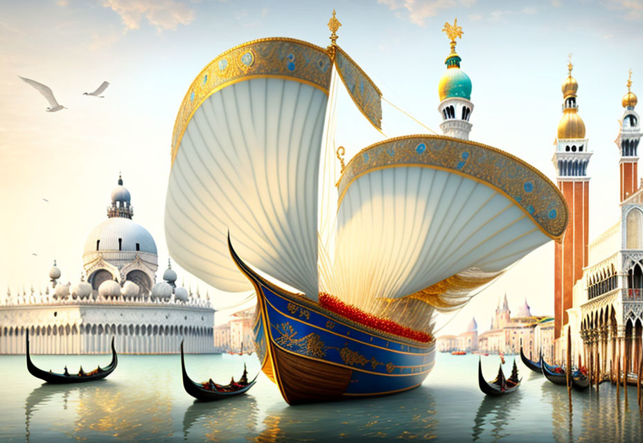 Grand shell-shaped vessel on Venetian waters with gondolas and historic architecture