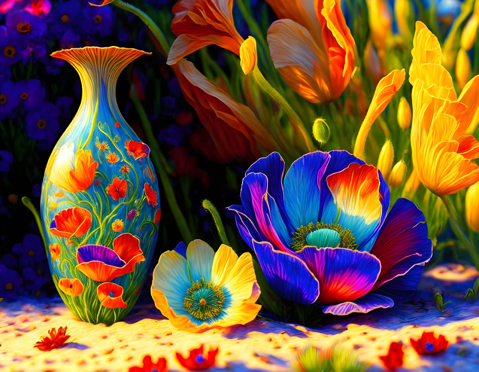 Colorful floral digital artwork with decorated vase and poppies on dark background