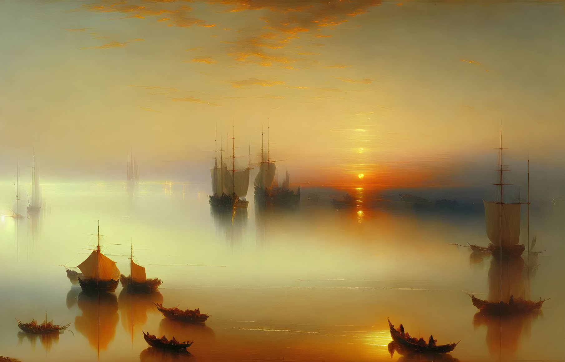 Tranquil sunset maritime scene with sailing ships and boats on calm waters