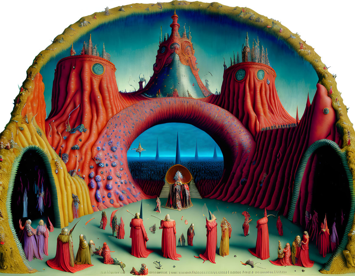 Vibrant surreal painting: robed figures in fantastical landscape