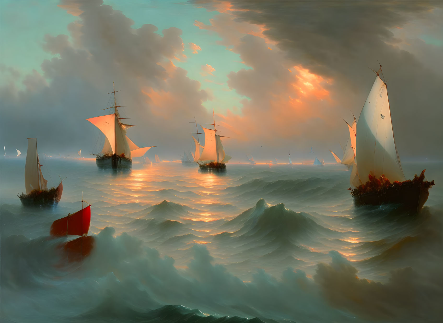 Sailing ships on turbulent seas at sunset with dramatic clouds