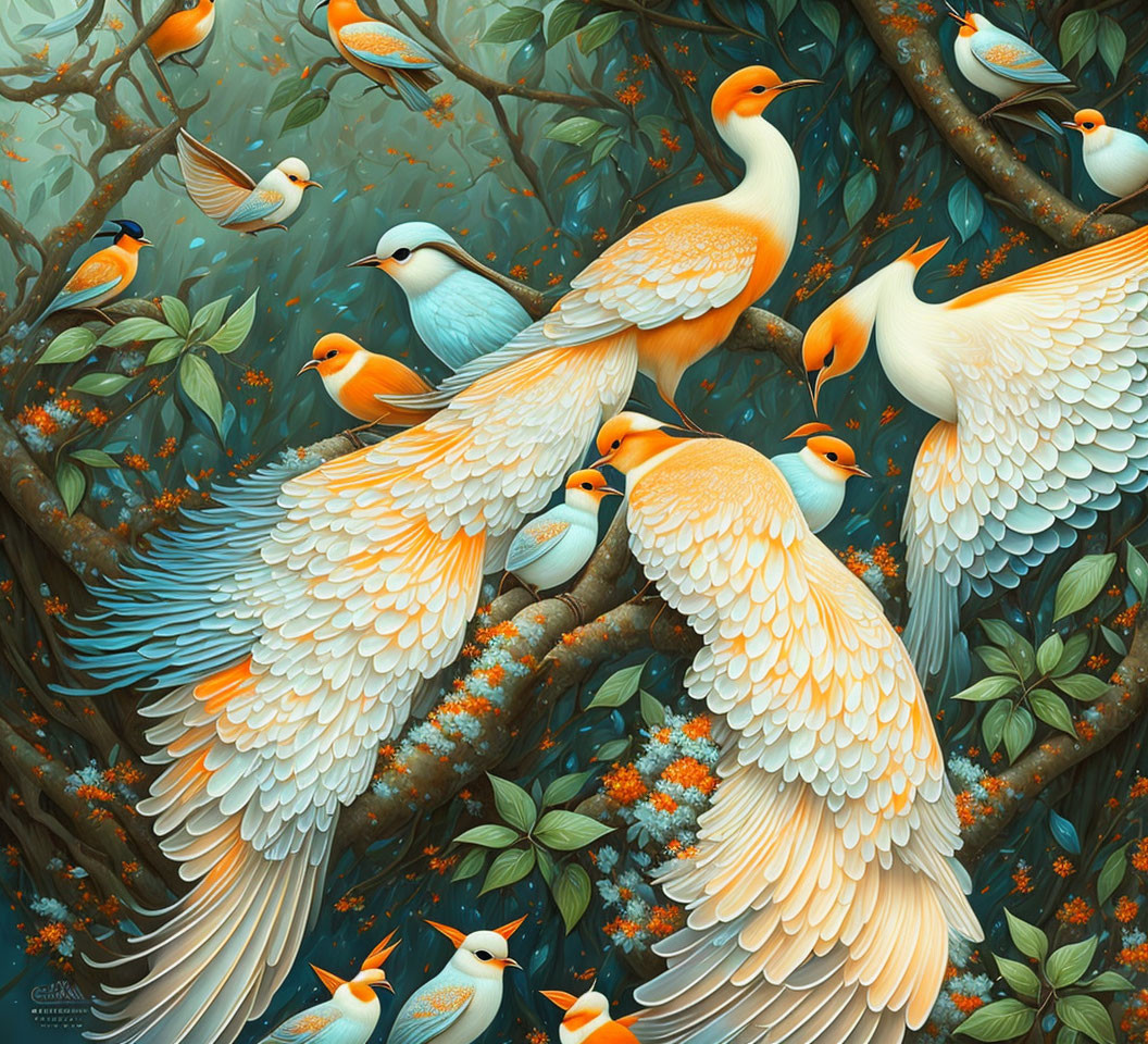 Colorful Birds in Orange and White Plumage Among Greenery and Blossoms