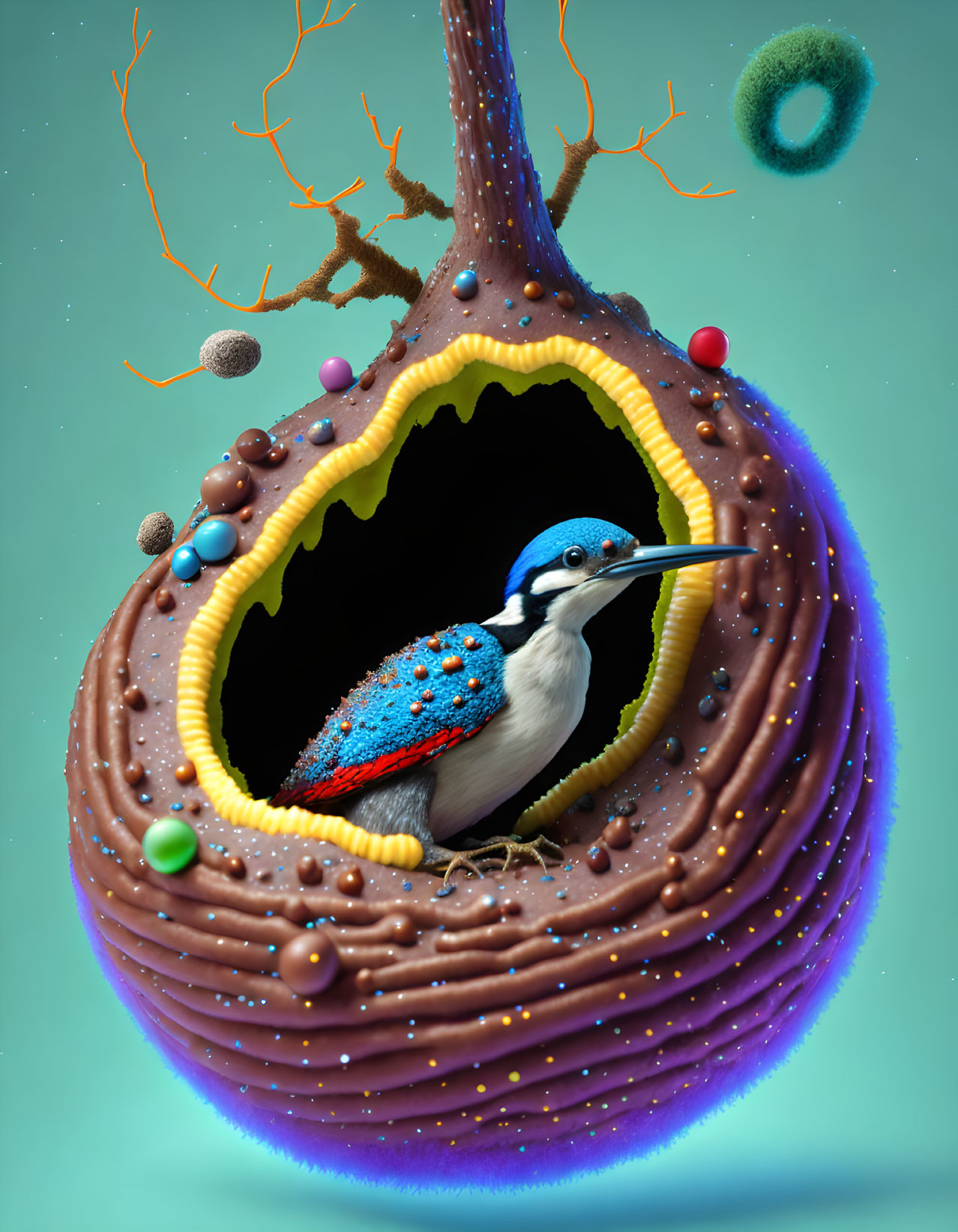 Colorful Bird Nested in Whimsical Chocolate-Like Nest on Teal Background