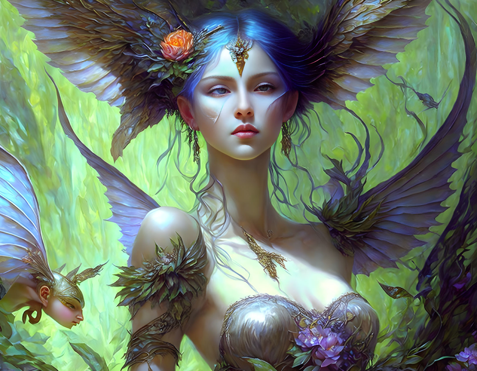 Fantastical winged female figure with elfin features in ornate jewelry among lush greenery.