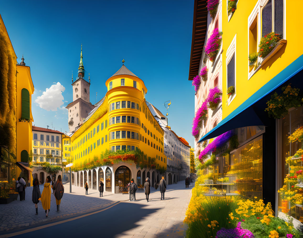 Colorful street scene with people, buildings, flowers, and church tower.