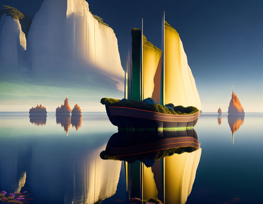 Tranquil landscape: water mirrors sail-shaped cliffs, green islets under blue sky