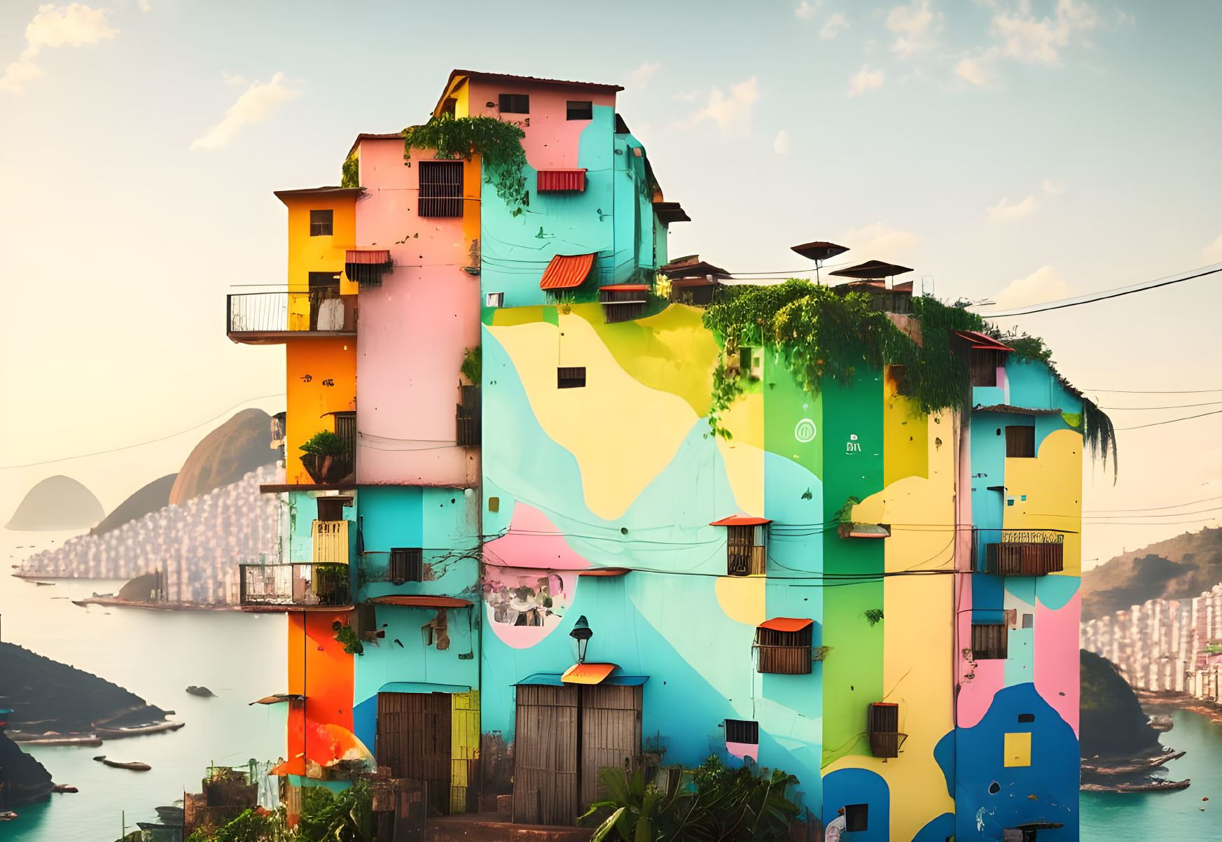 Colorful building with murals, balconies, and bay view.