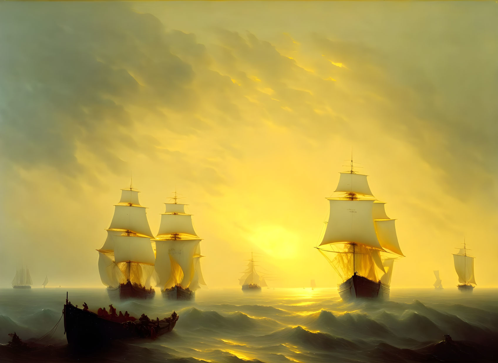 Sailing ships on turbulent seas at golden sunset