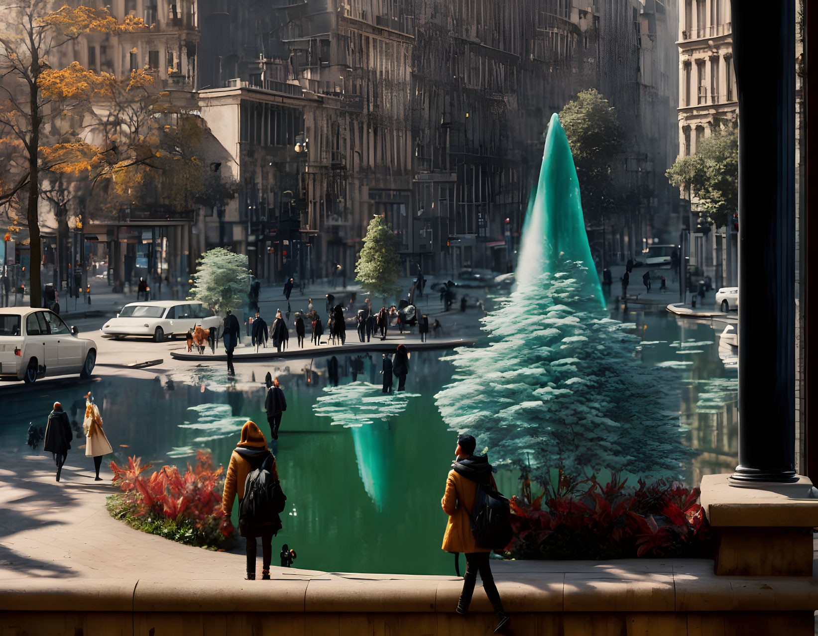 City scene with cone-shaped sculpture, fountain, and pedestrians under sunlight