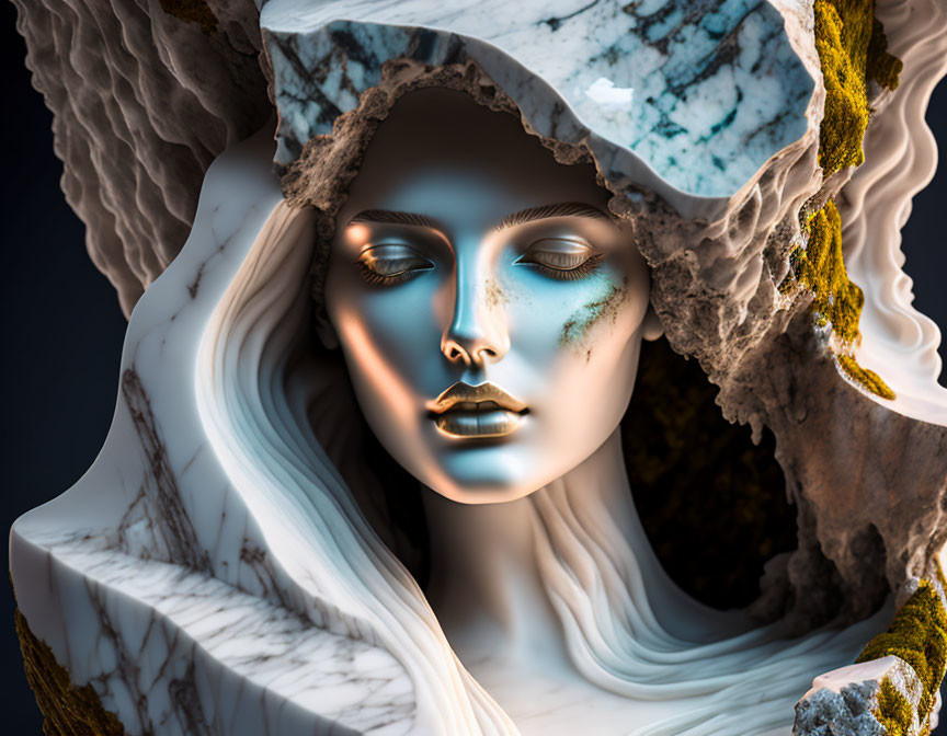 Surreal woman's face sculpture in marble rocks with moss