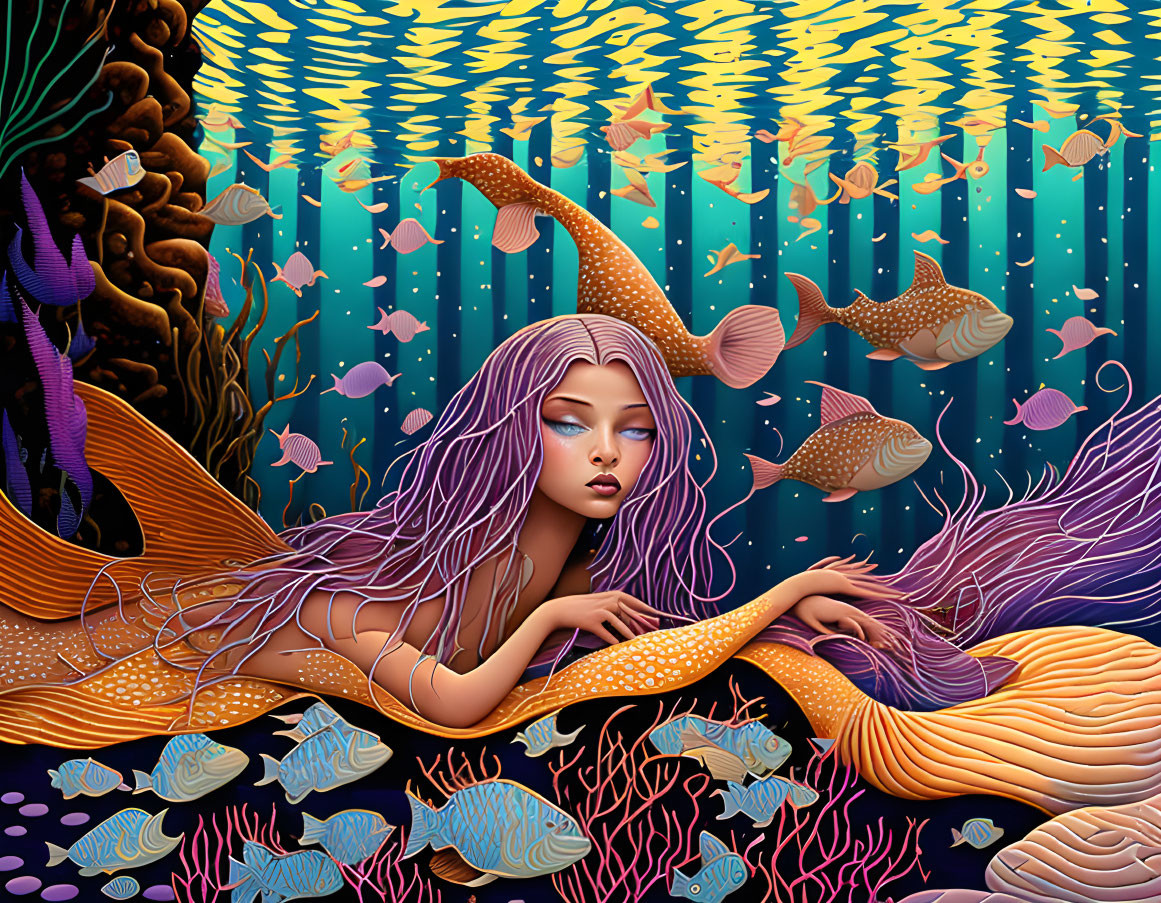 Colorful underwater scene with woman and fish in vibrant illustration