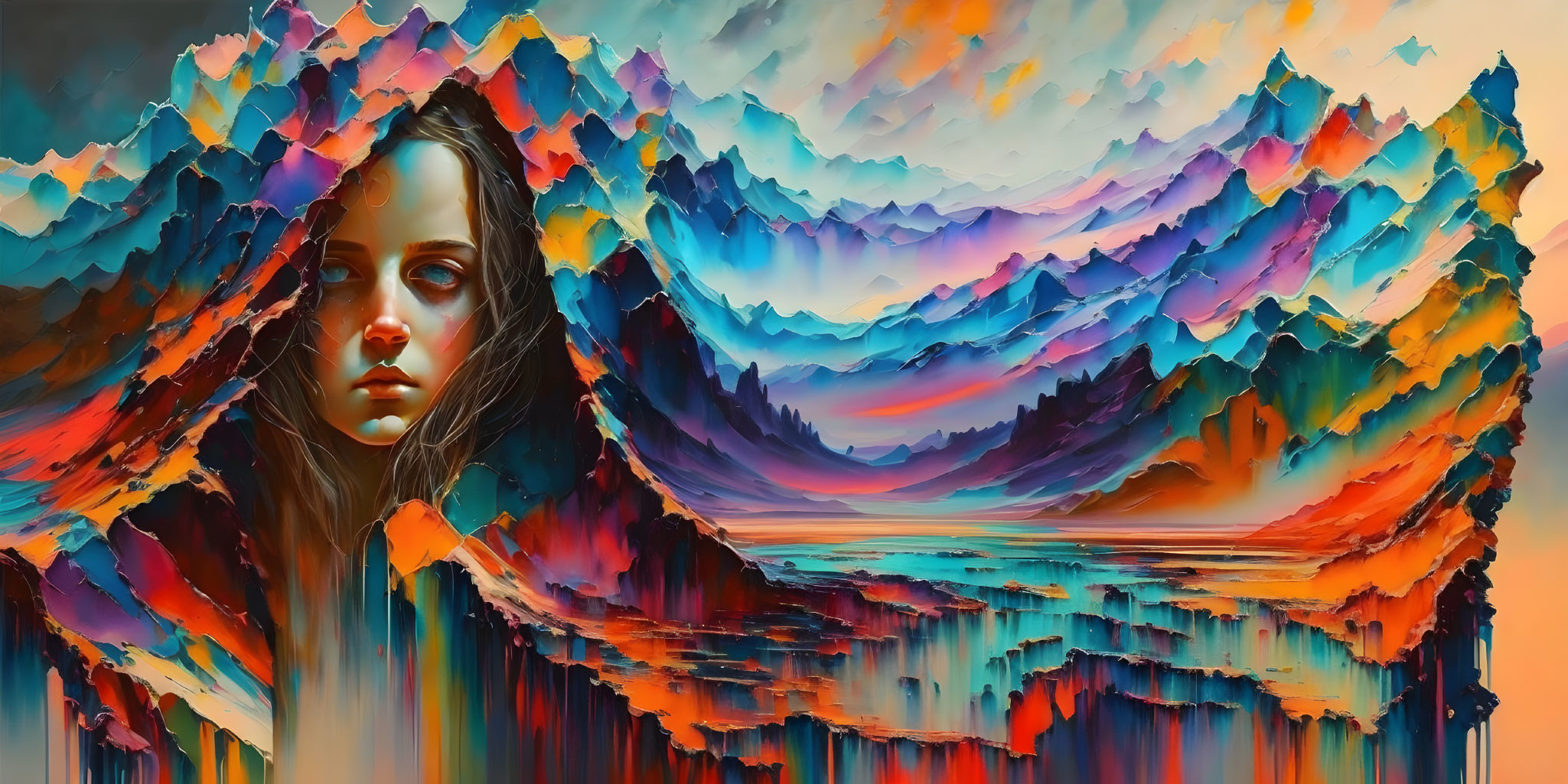 Melancholic female portrait blends with vibrant mountain scenery in surreal digital artwork