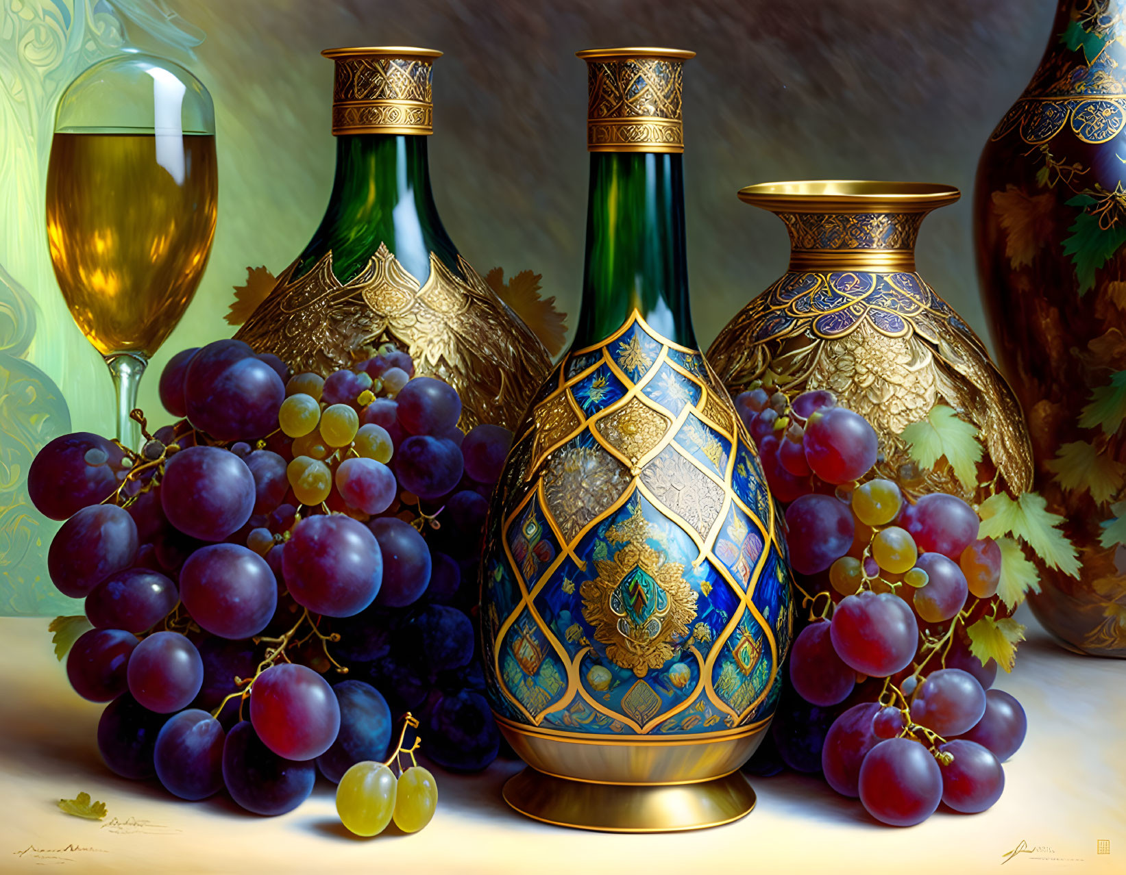 Golden-embellished bottles, blue patterns, grapes, and white wine on draped fabric.