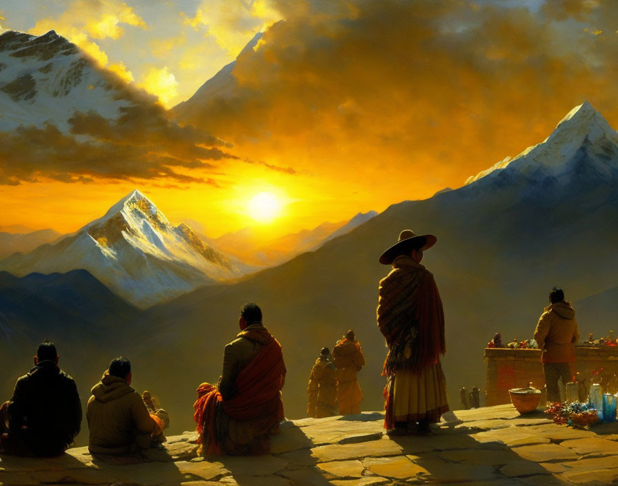 People in traditional attire at sunrise with snow-capped mountains in the background.