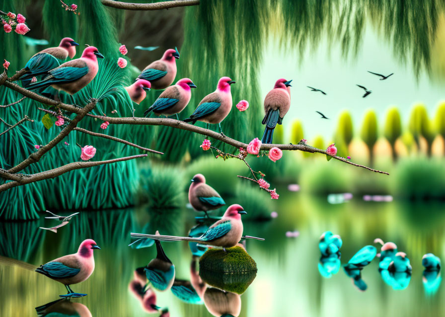 Colorful pink birds on blossoming branches above reflective pond.