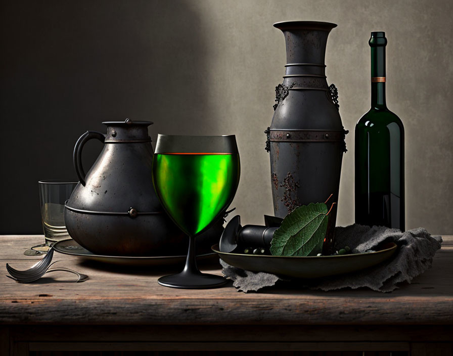 Antique teapot, wine glass, jug, bottle, leaf, and candlestick on wooden table