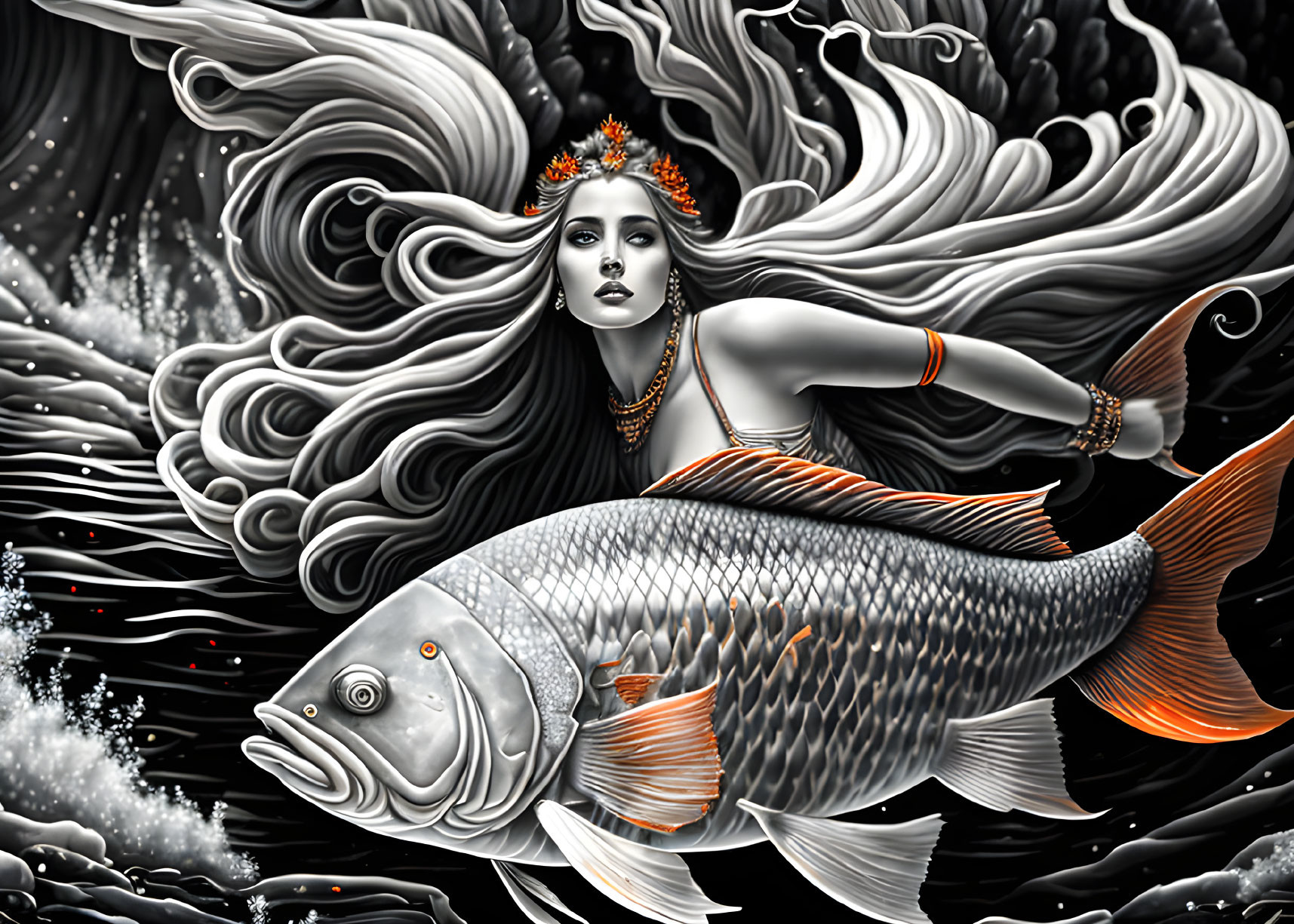 Monochromatic image of woman with mermaid tail and fish in swirling waves