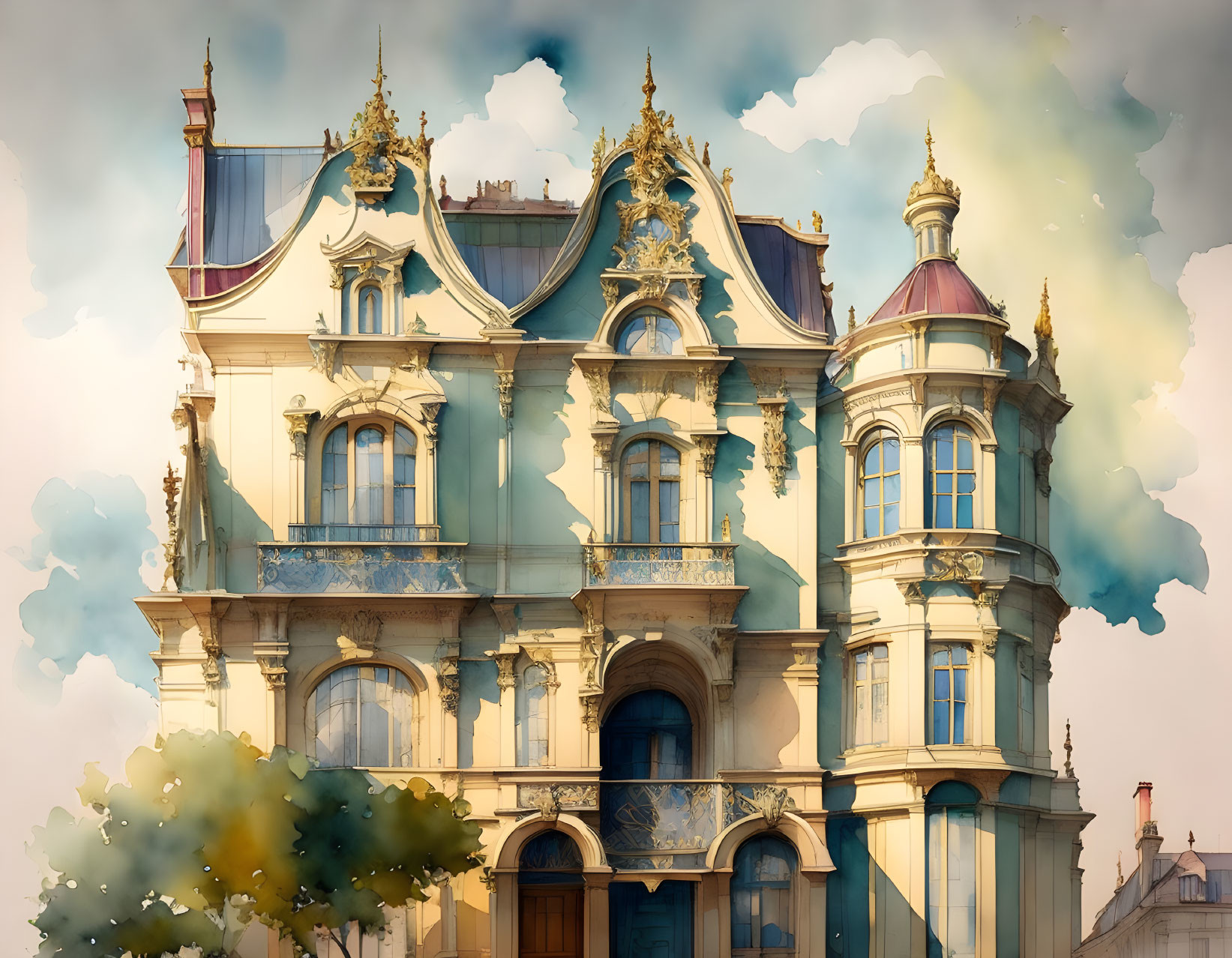 Baroque-style building illustration with turrets and vibrant colors