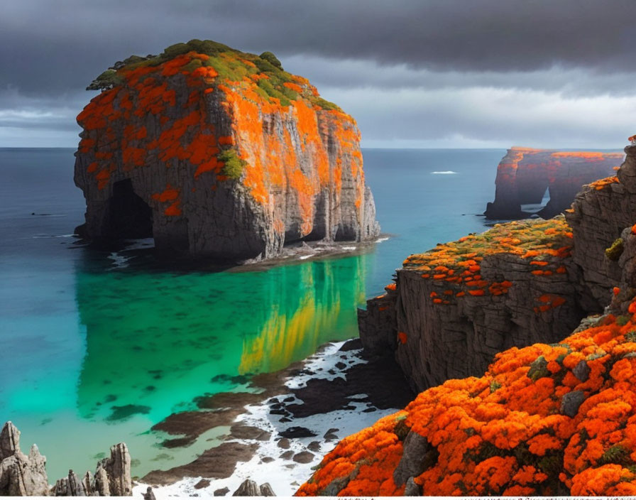 Scenic coastal landscape: orange cliffs, turquoise waters, stormy sky