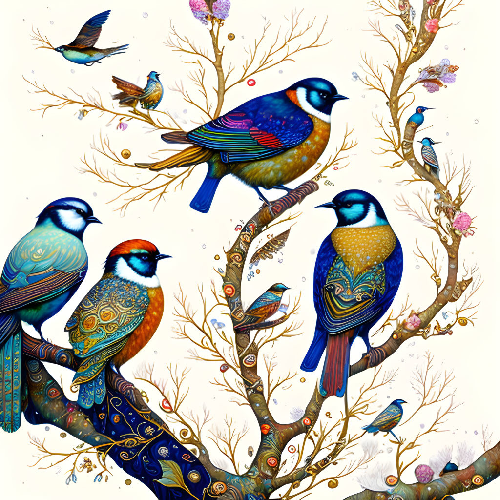 Colorful Birds Perched on Blossoming Tree Branches Illustration