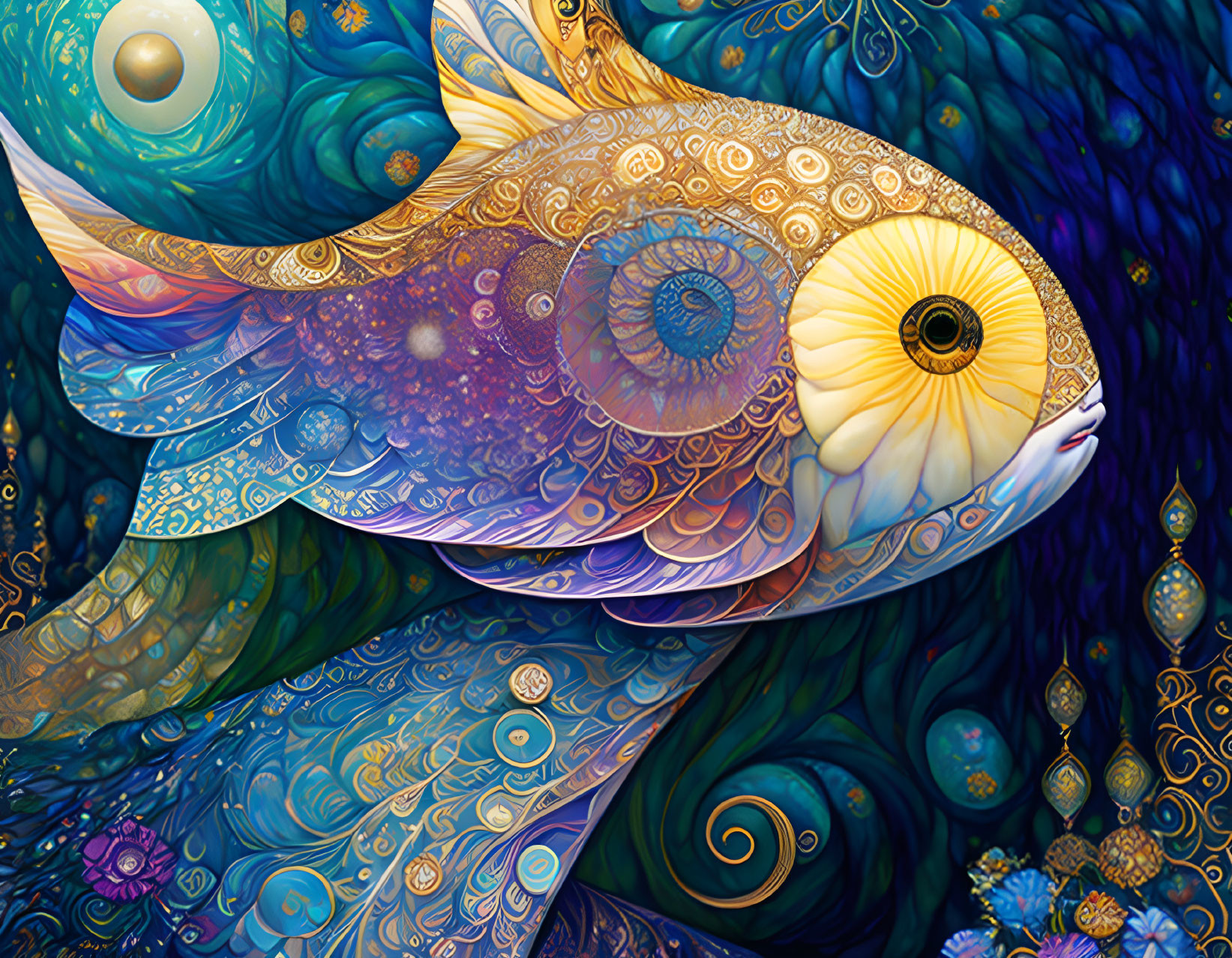 Colorful Ornate Fish Illustration with Mosaic-Like Textures