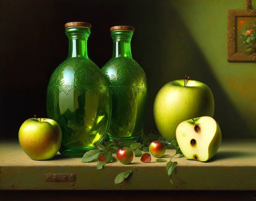 Green glass bottles, apples, cherry tomatoes on wooden surface