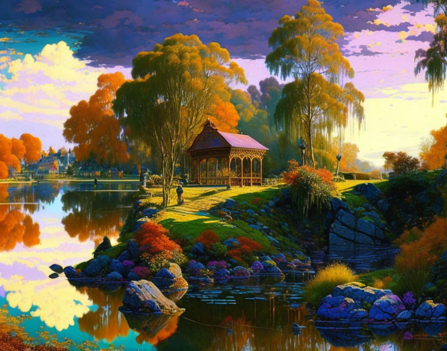 Scenic landscape with gazebo near lake and autumn trees