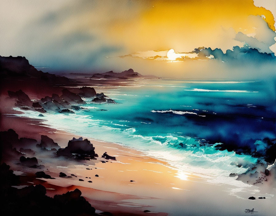 Vibrant Watercolor Painting: Coastal Sunset with Orange and Blue Tones