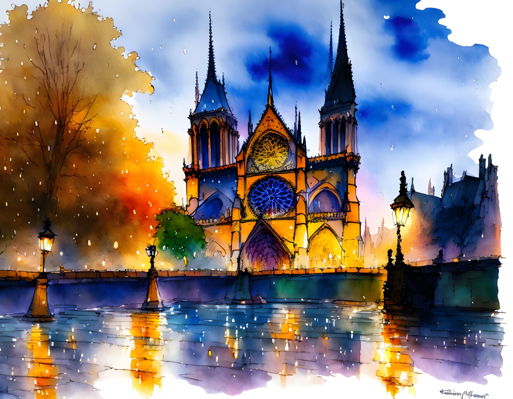 Twilight watercolor painting of Notre-Dame Cathedral and Seine River