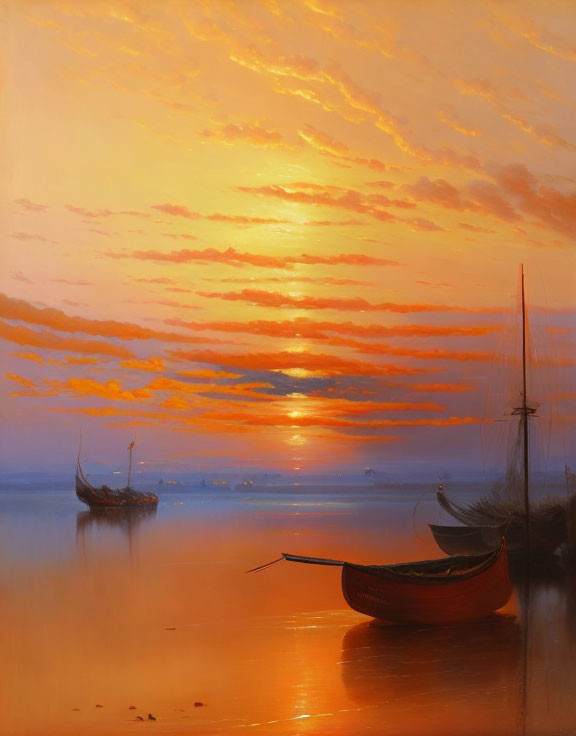 Tranquil Sunset Scene with Silhouetted Boats and Reeds