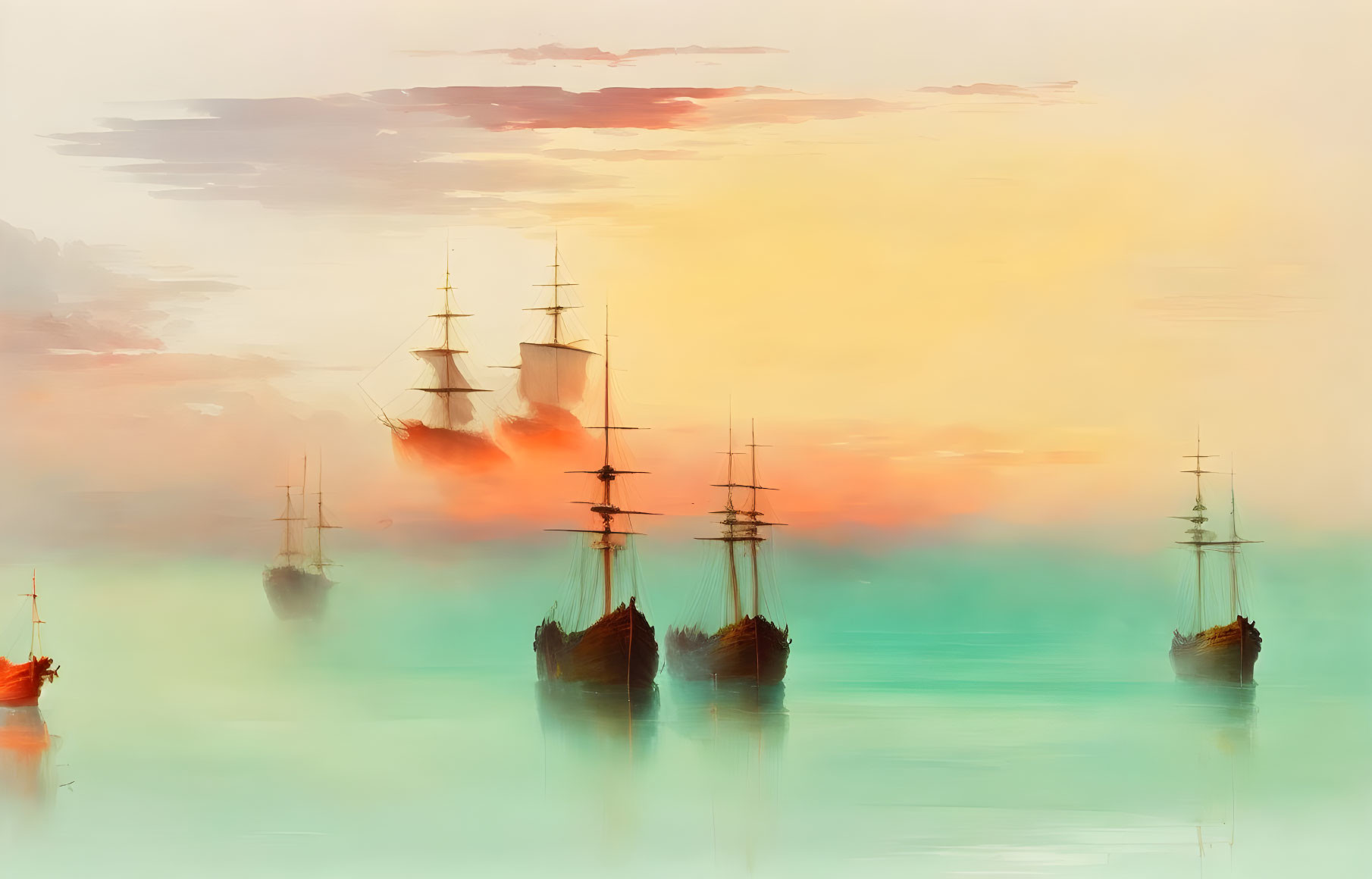 Old sailing ships on calm sea under warm, pastel sky