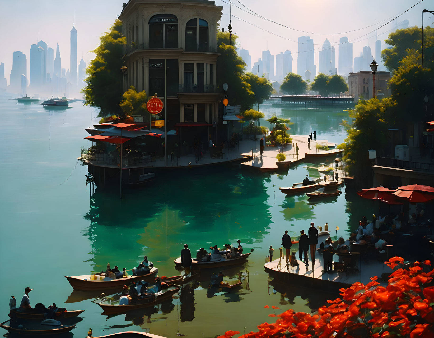 Riverside cityscape with boats, haze, and red flowers