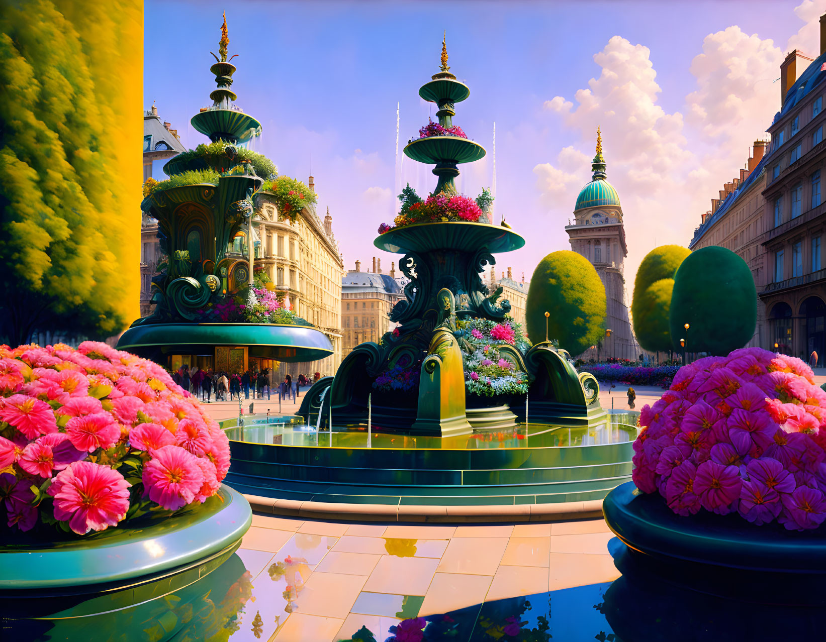 Colorful cityscape with ornate fountains, lush florals, and whimsical topiaries