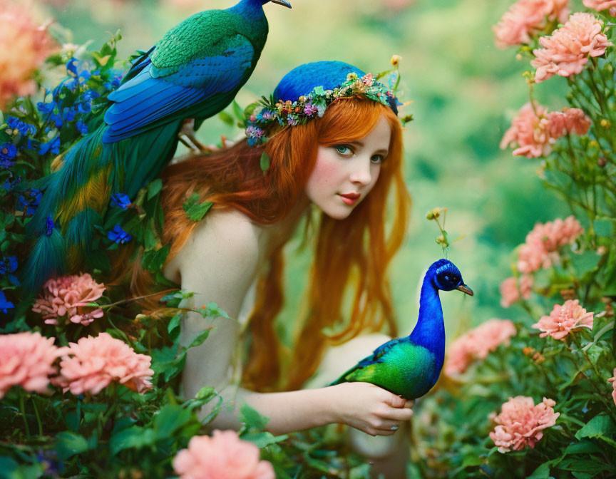 Red-Haired Woman with Peacock and Pink Roses in Green Setting