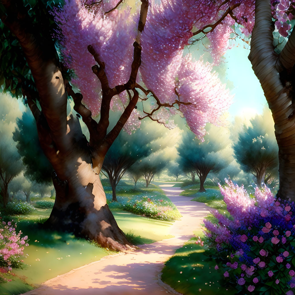 Tranquil Pathway with Pink Blossom Trees and Dappled Sunlight