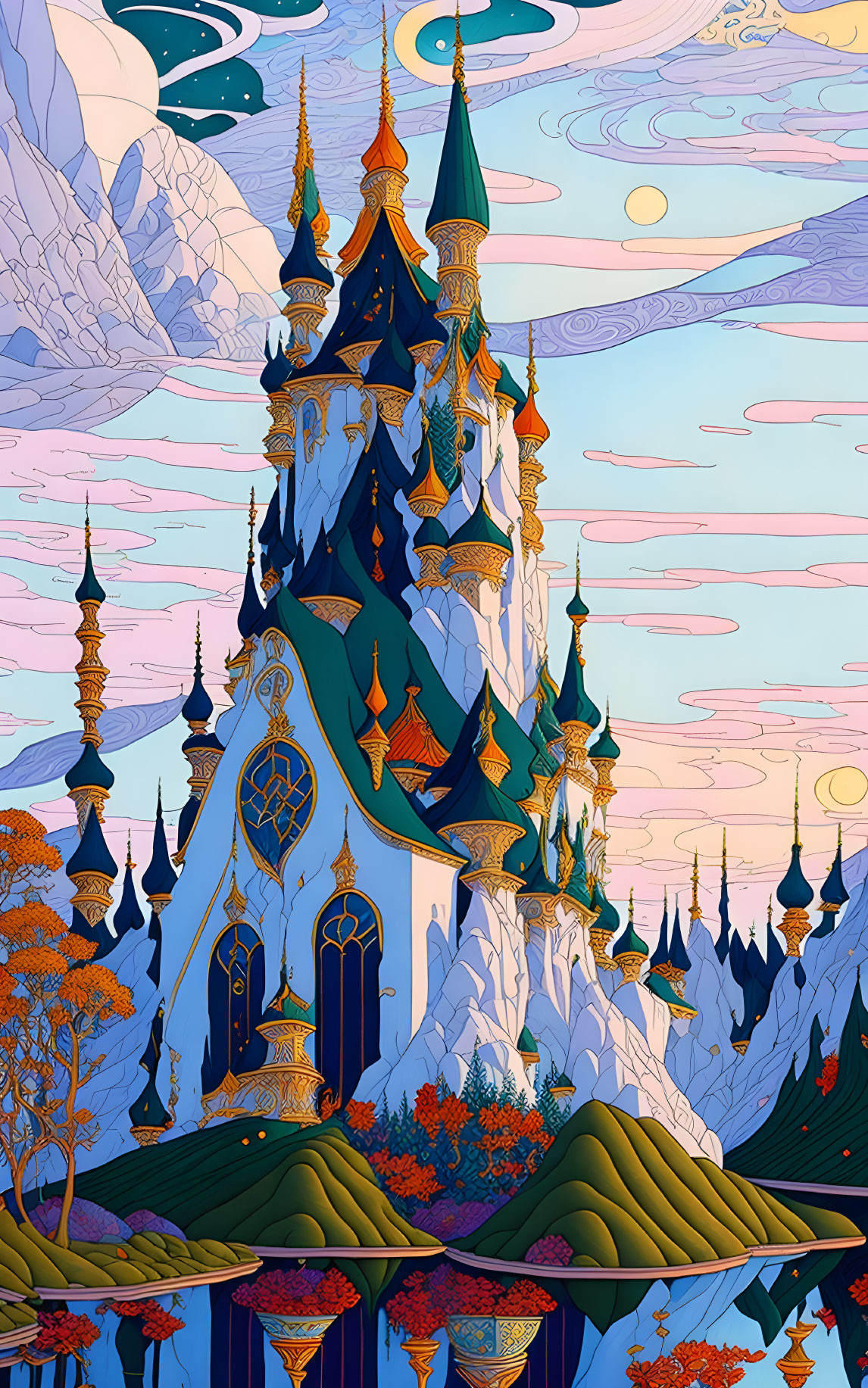 Fantastical castle illustration amid mountain spires