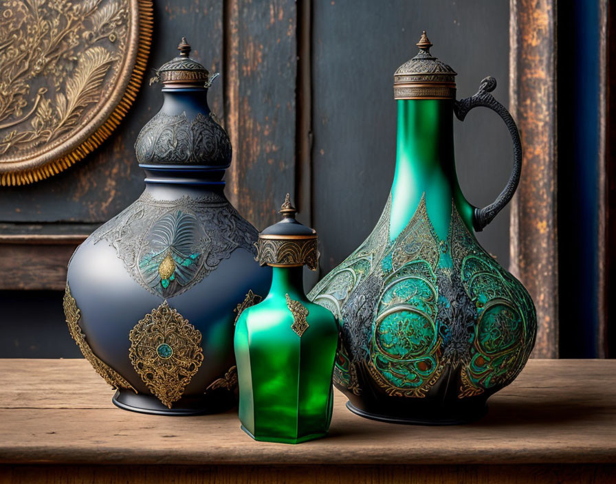 Ornate Metallic Flasks and Green Glass Bottle on Wooden Surface