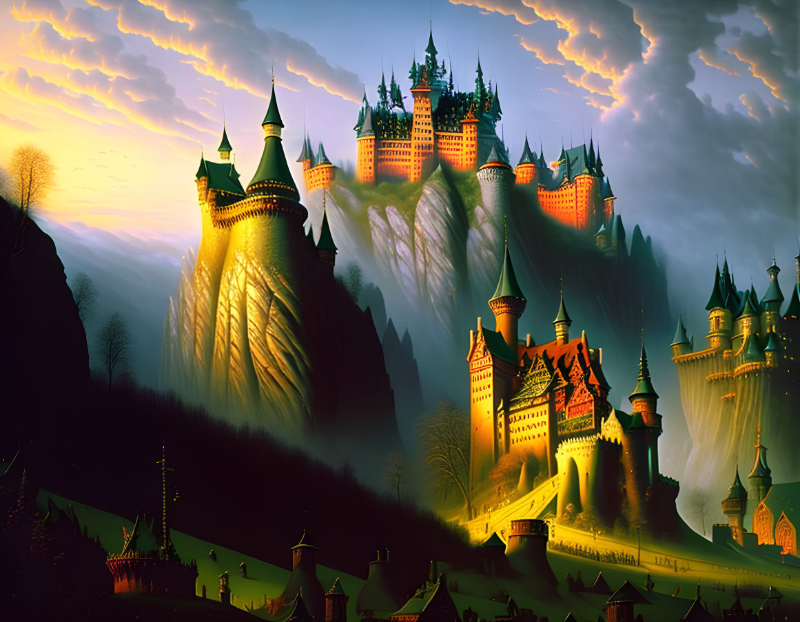 Fantasy castle on hill under dramatic sunset sky