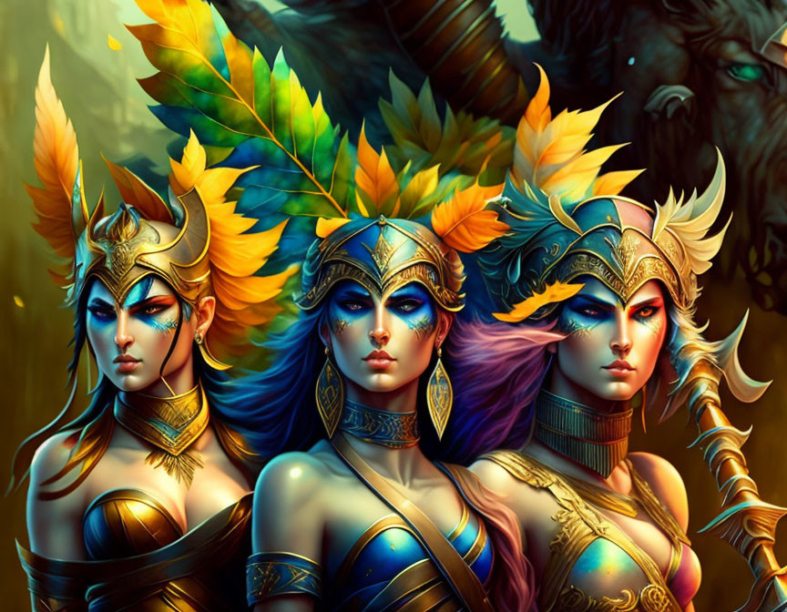 Three warrior women in ornate autumn leaf helmets with golden details and gemstones