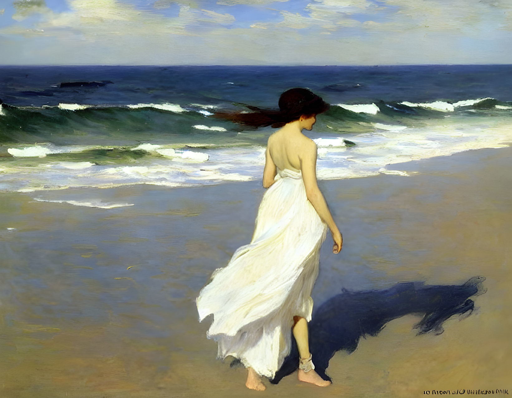 Woman in white dress on beach gazes at sea under cloudy sky