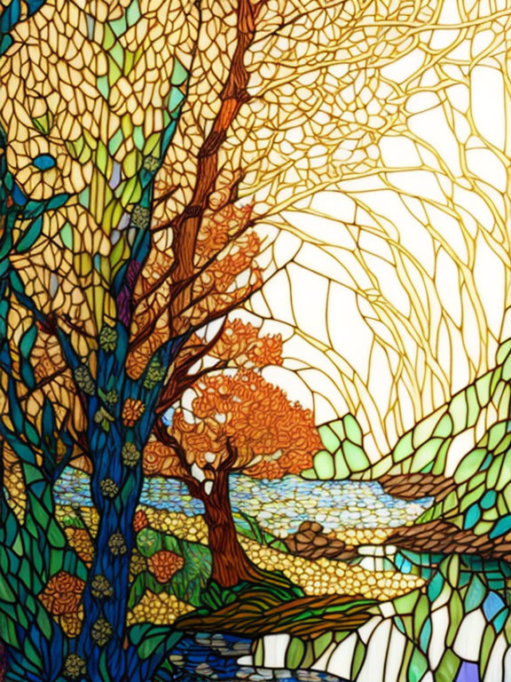 Vibrant Tree Stained Glass Artwork with Swirling Sky and Water