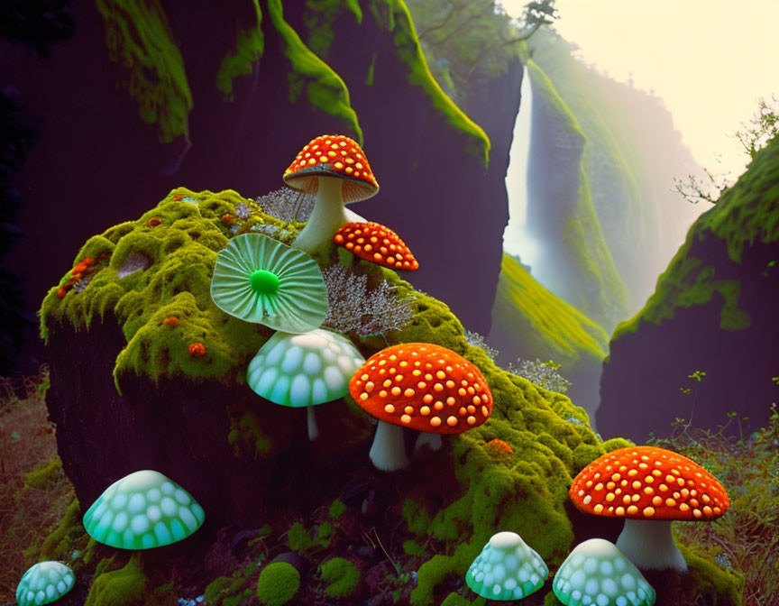 Colorful mushrooms and moss on log near misty waterfall