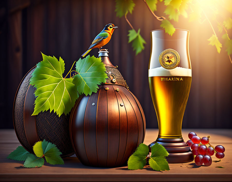 Colorful bird perched on vintage barrel with beer glass, grapes, and leaves on wooden backdrop