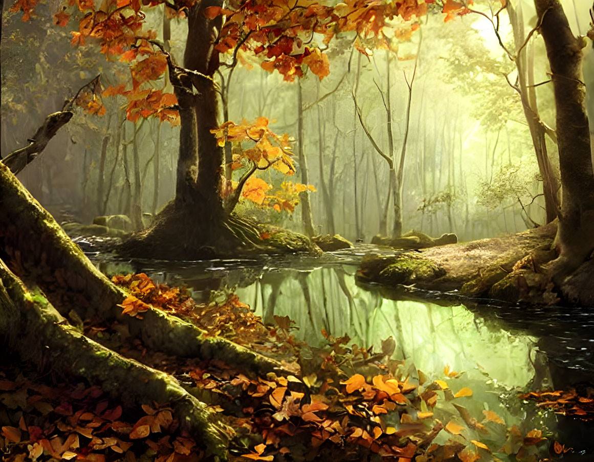 Sunlit autumn forest with mist and serene creek in orange foliage