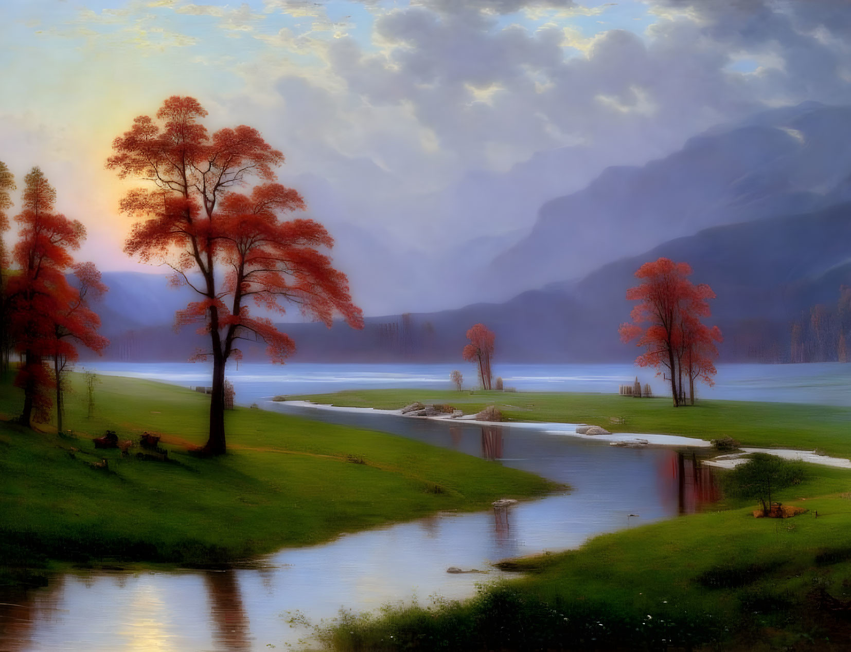 Tranquil autumn landscape: red trees, calm lake, misty mountains.