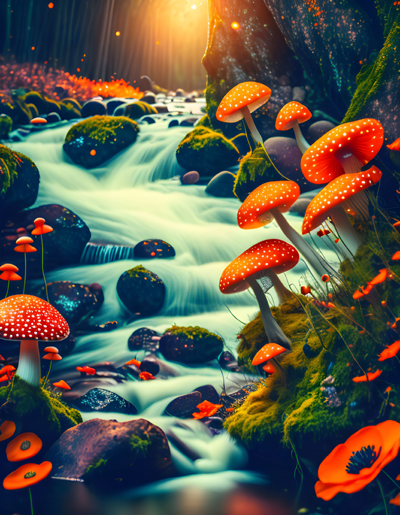 Surreal red mushrooms by mossy stream with mini waterfalls